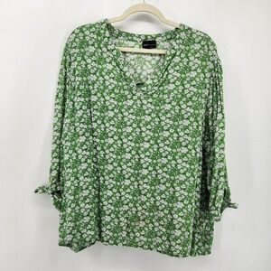 JNY Jones New York‎ Green Floral Print Long Sleeve V Neck Tunic Top Plus Size 2X